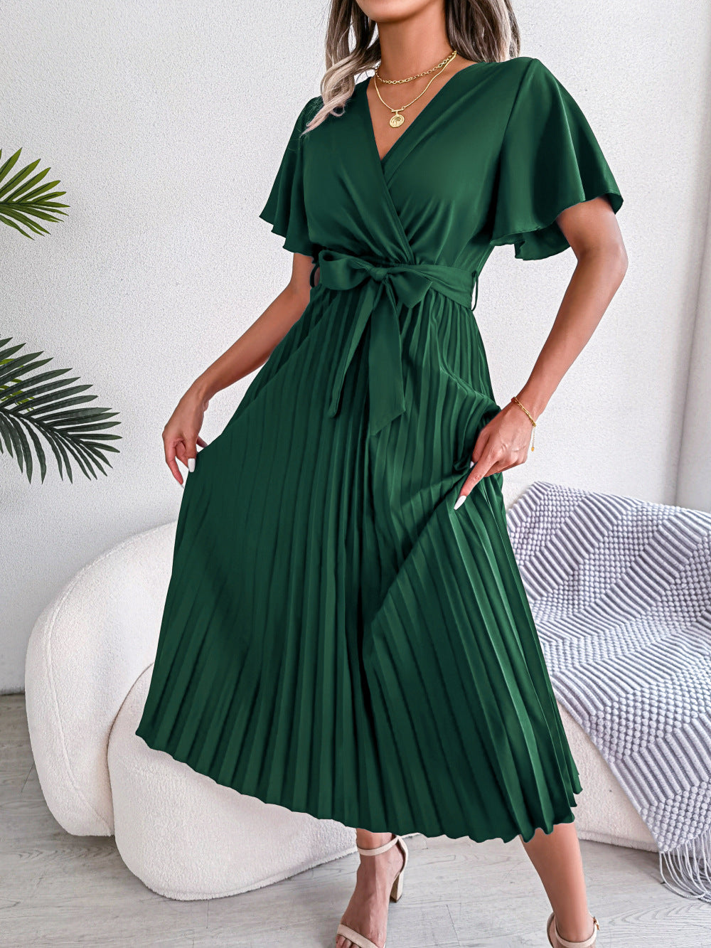 Long Pleated Fluid Dress with Crossover Neckline