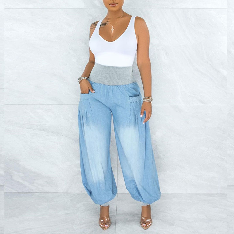 Wide Lightweight Denim Pants with Elastic Waist