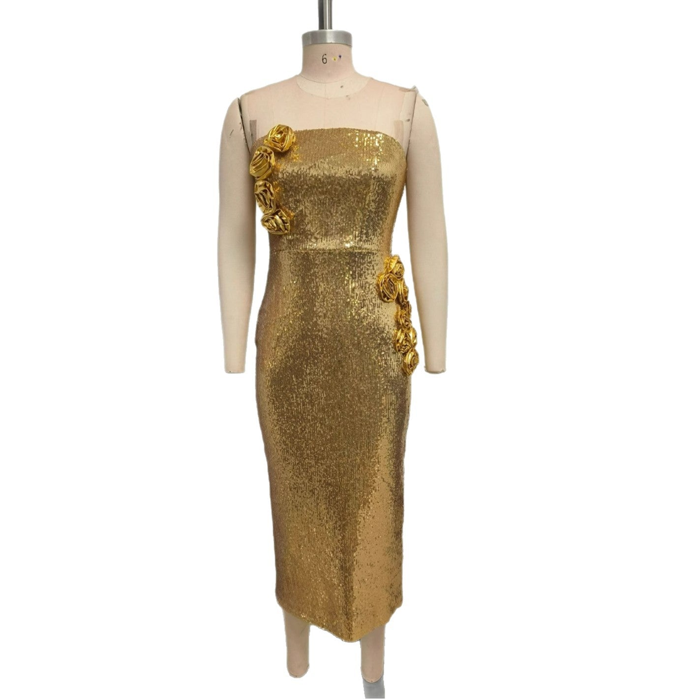 Vestido midi dorado con flores 3D