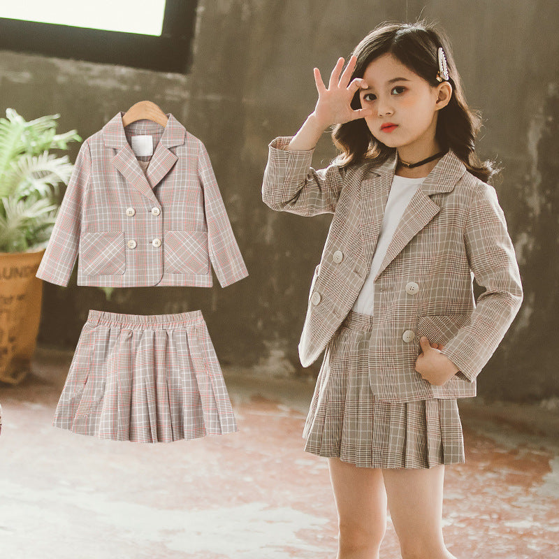 Girls’ Double-Breasted Plaid Suit Set