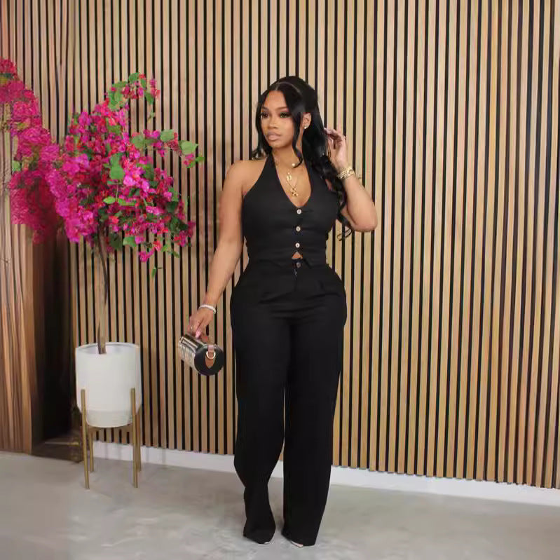 Sleeveless Suit Set with Halter Neck and Pants