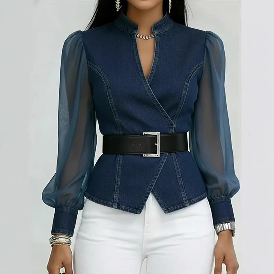 V-Neck Lace Top with Long Sleeves
