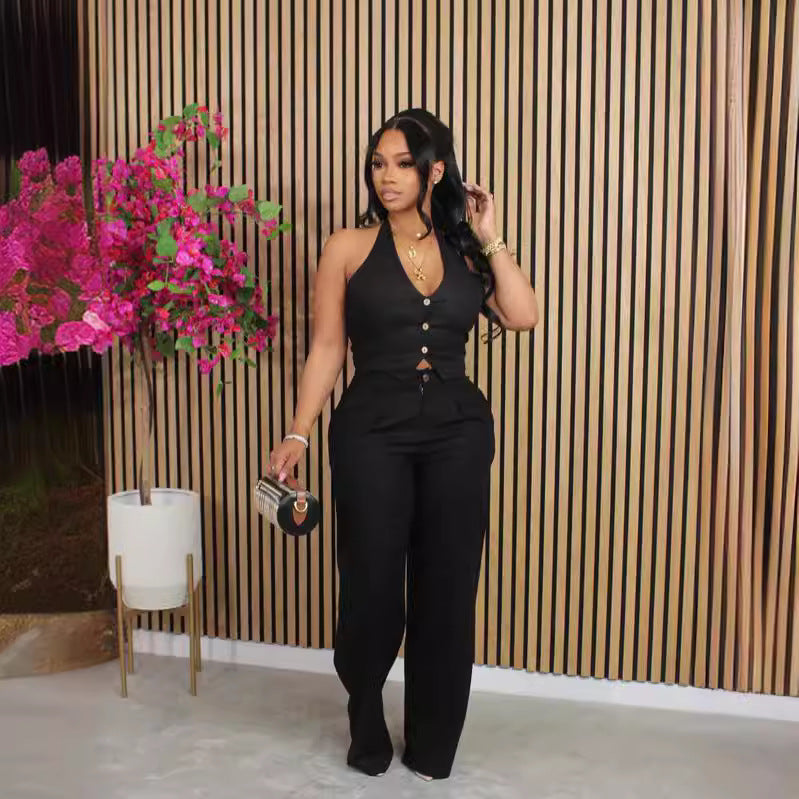 Sleeveless Suit Set with Halter Neck and Pants