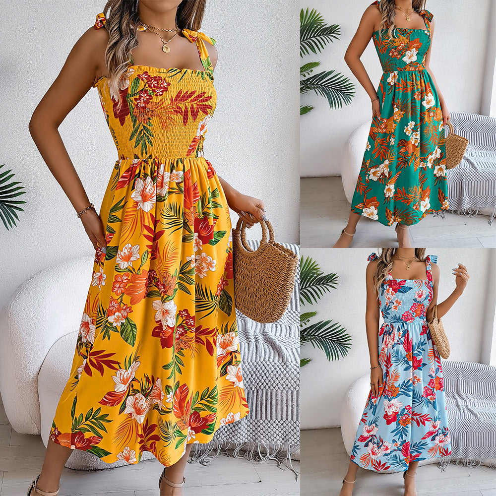 Floral Long Dress with Straps and Defined Waist
