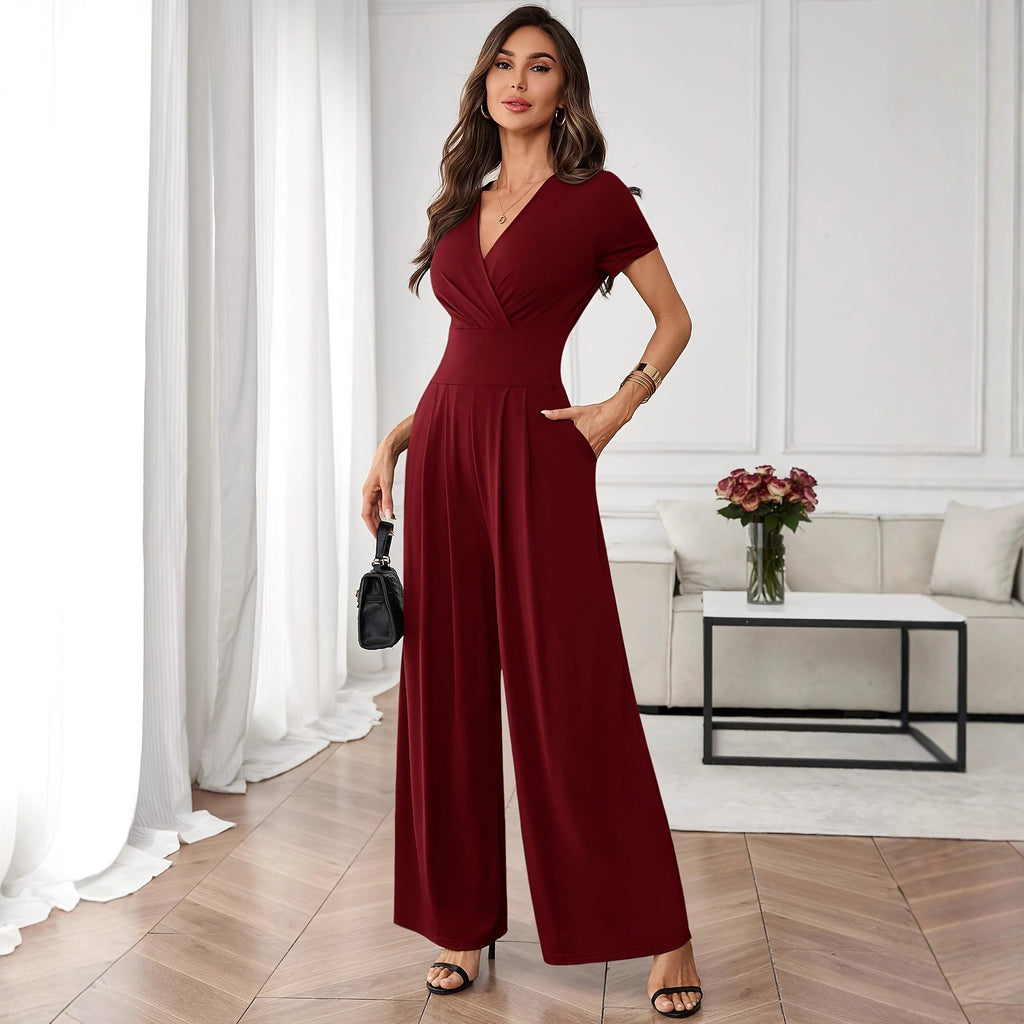 Solid-Color Short-Sleeve Pleated Wide-Leg Jumpsuit
