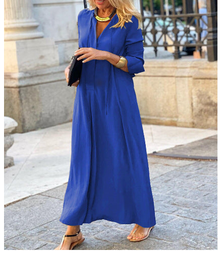 Vestido largo de cuello de pico con mangas largas