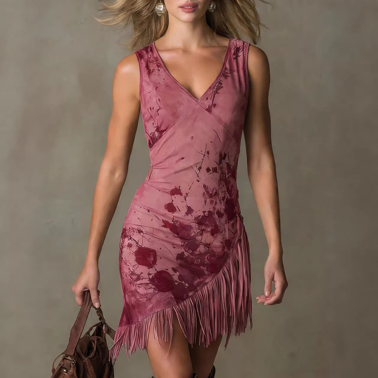 Minivestido escote en V con estampado efecto tinta y remate de flecos