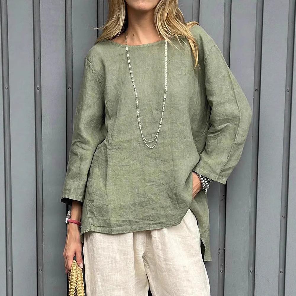 Blusa de algodón y lino con cuello redondo y manga larga