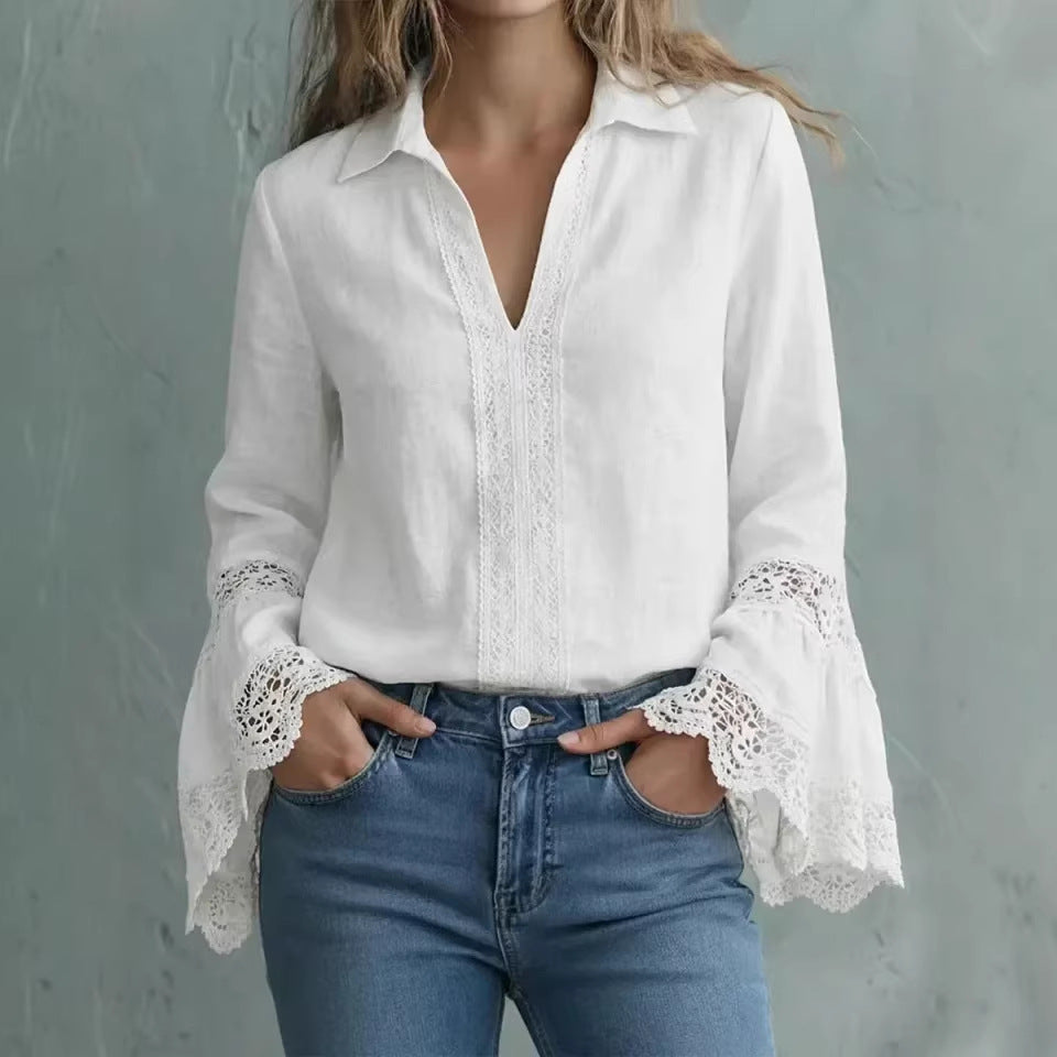 Blusa elegante de mezcla de algodón con acabados de encaje