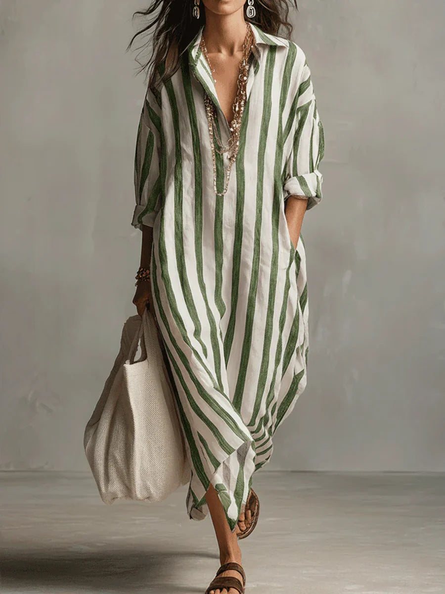 Vestido largo camisero de rayas con cuello en V