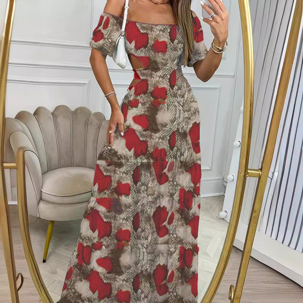 Vestido Largo Estampado con Hombros Descubiertos y Cintura Calada