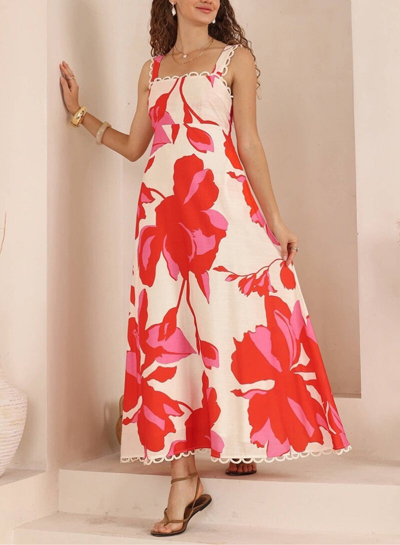 Vestido Largo Acampanado de Lunares con Acabados de Encaje