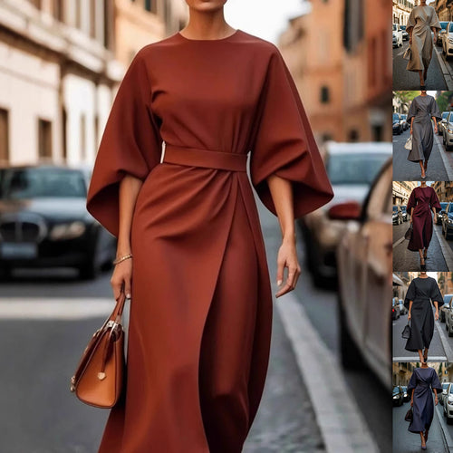 Elegante vestido con mangas murciélago y cinturón