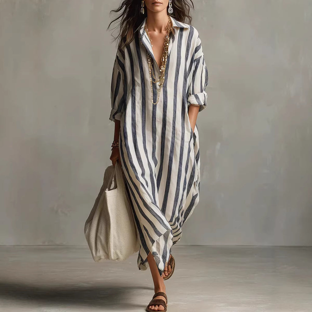 Robe-chemise longue à rayures et col en V