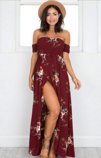 Vestido largo bohemio con hombros descubiertos