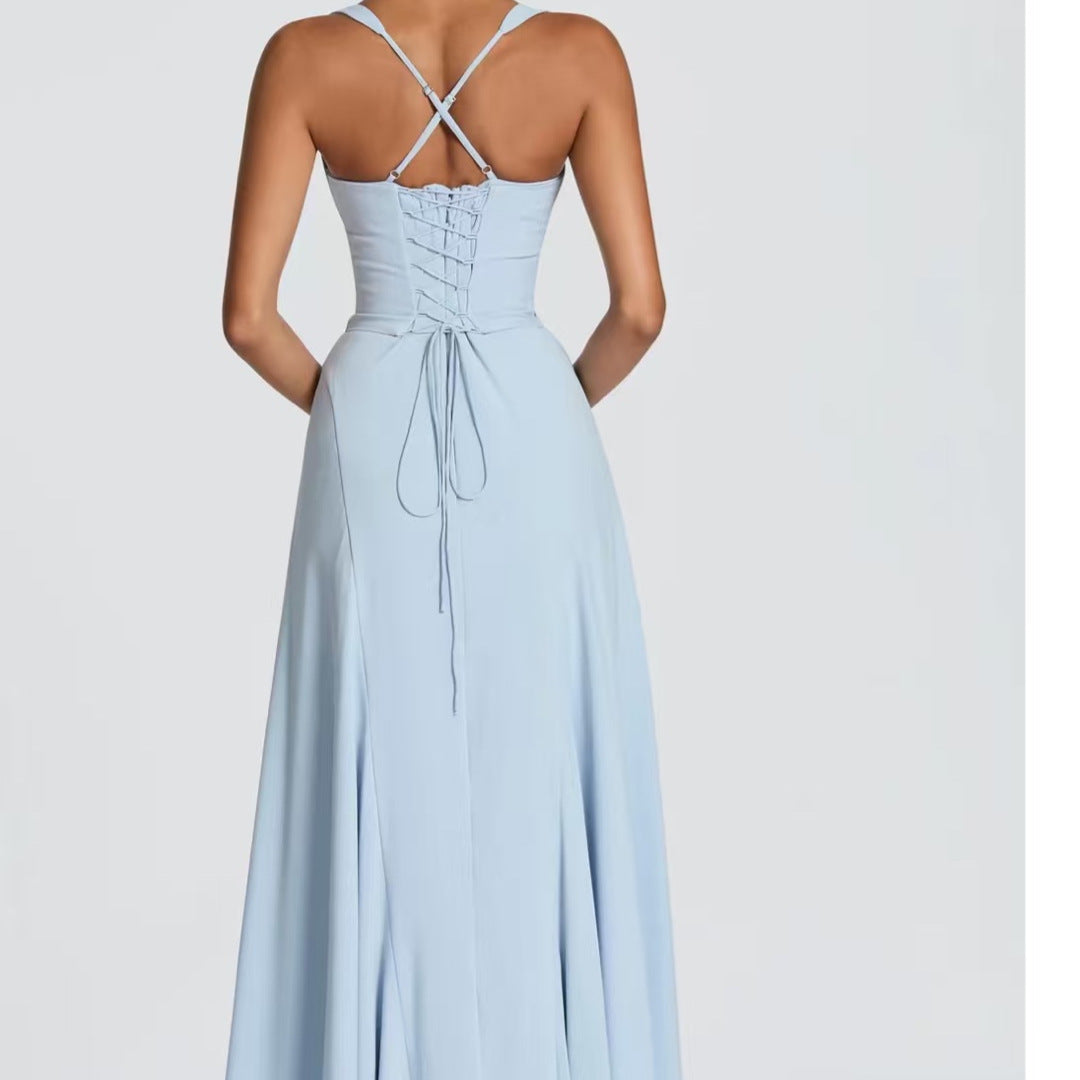 Wide-Strap Knotted Waistline Long Dress