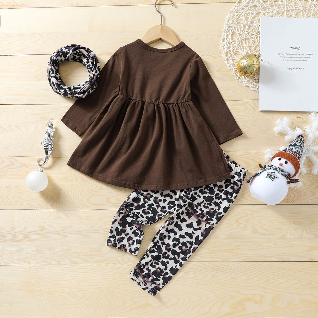 Fall 3-Piece Girls Set Printed Top, Pants & Scarf