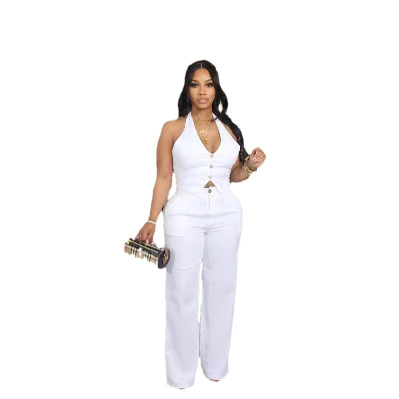 Sleeveless Suit Set with Halter Neck and Pants