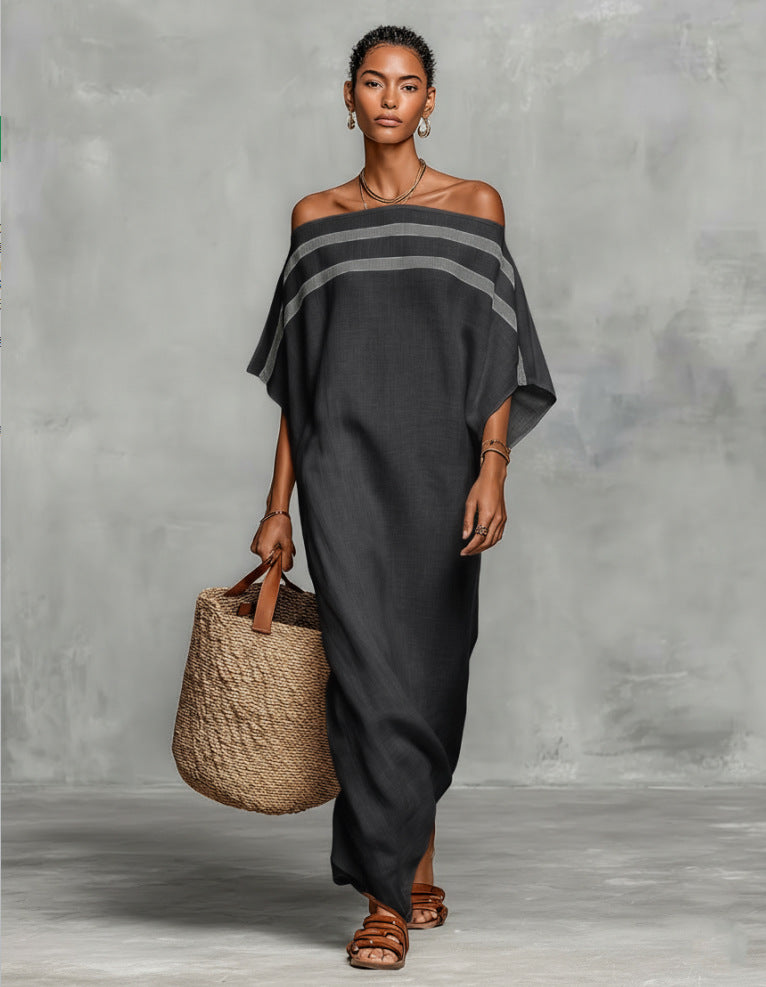 Long Flowing Dress with Mock Neck and Stripes