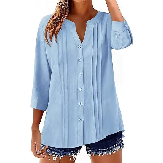 Pleated Cotton-Linen Loose Shirt for Women