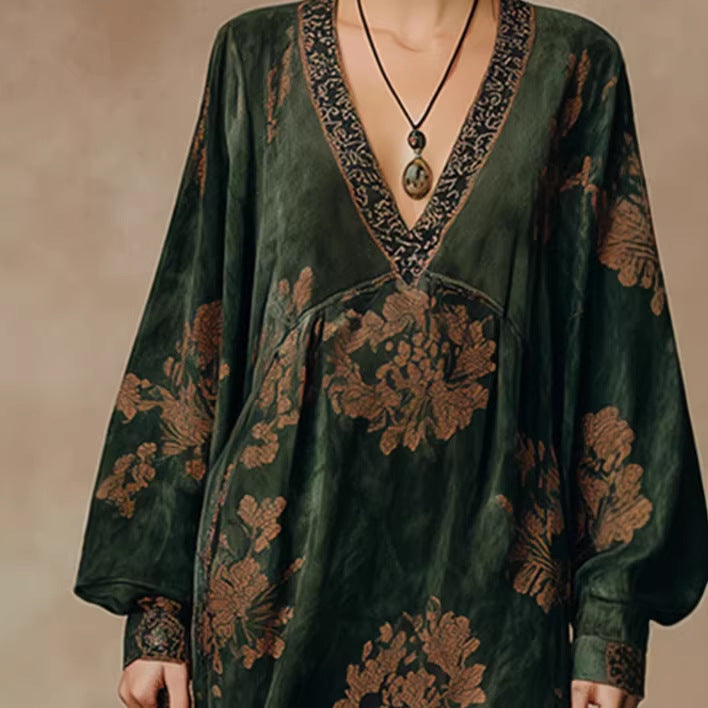 Vestido Largo Verde con Flecos y Mangas Abullonadas