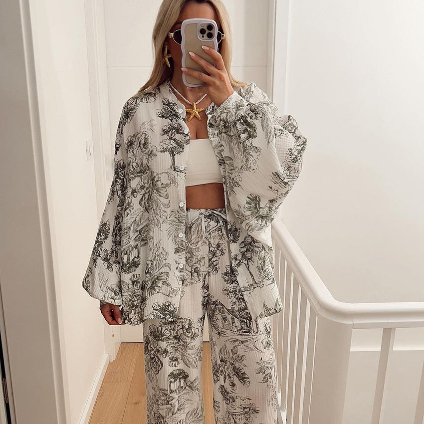 Pijama de algodón transpirable: camiseta de manga larga y pantalón