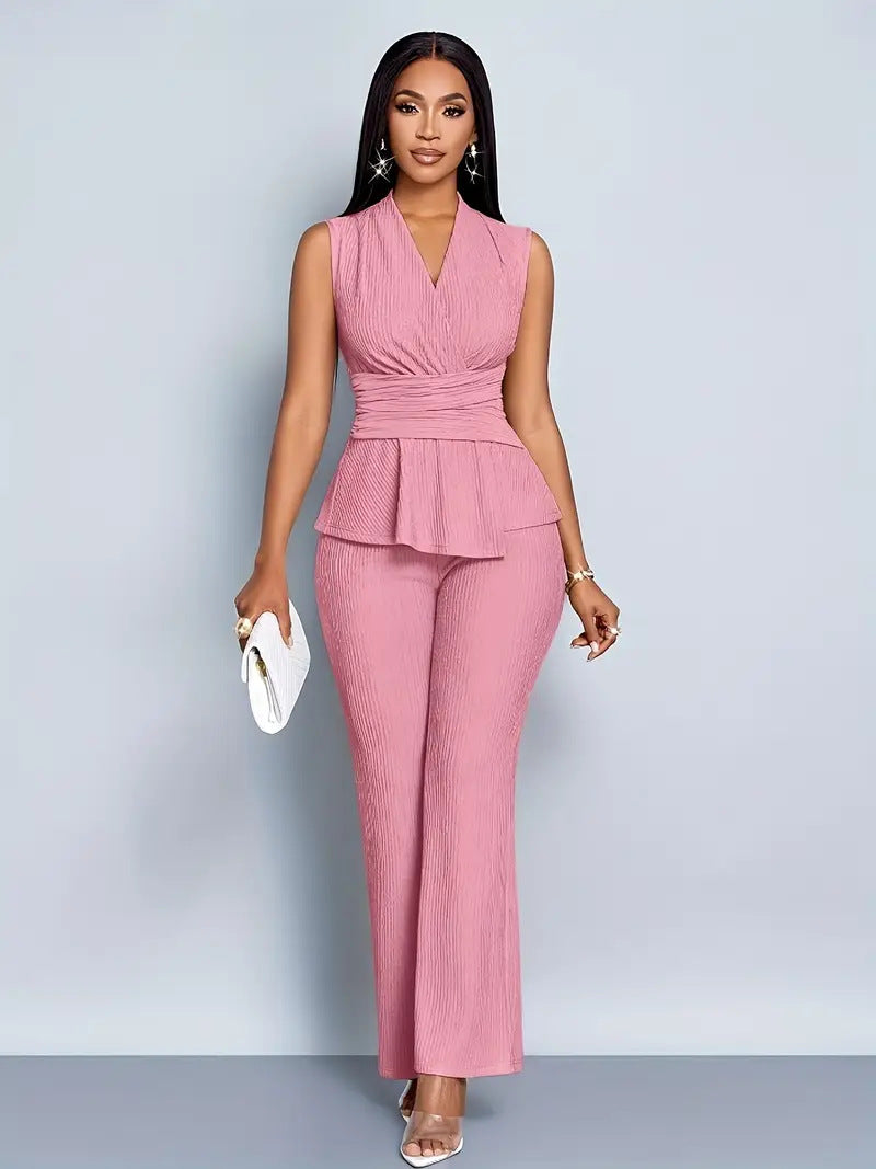 Elegant V-Neck Top & Wide-Leg Pants Two-Piece Set