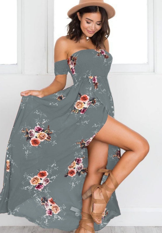 Vestido largo bohemio con hombros descubiertos