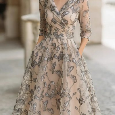 Robe midi imprimée à col en V et manches trois-quarts