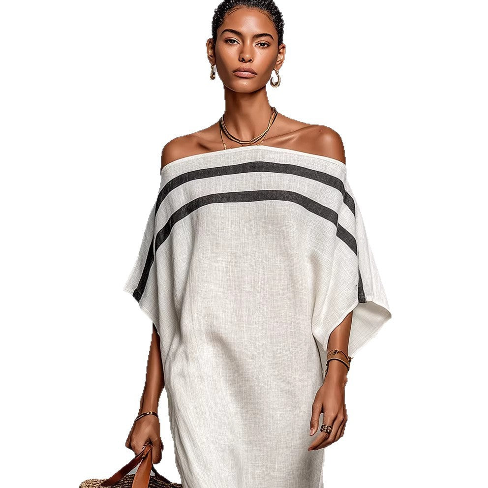 Long Flowing Dress with Mock Neck and Stripes
