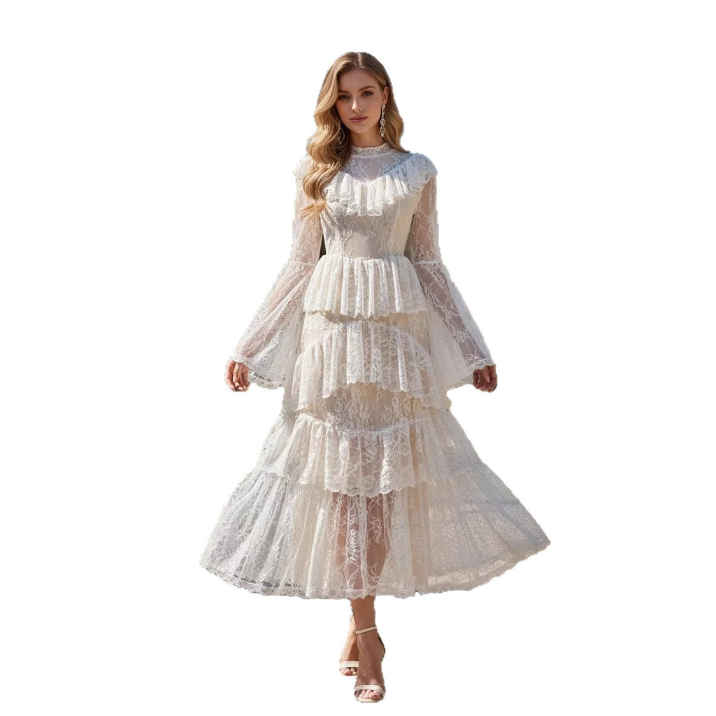 Long Dress with Mock Neck, Lace and Puff Sleeves