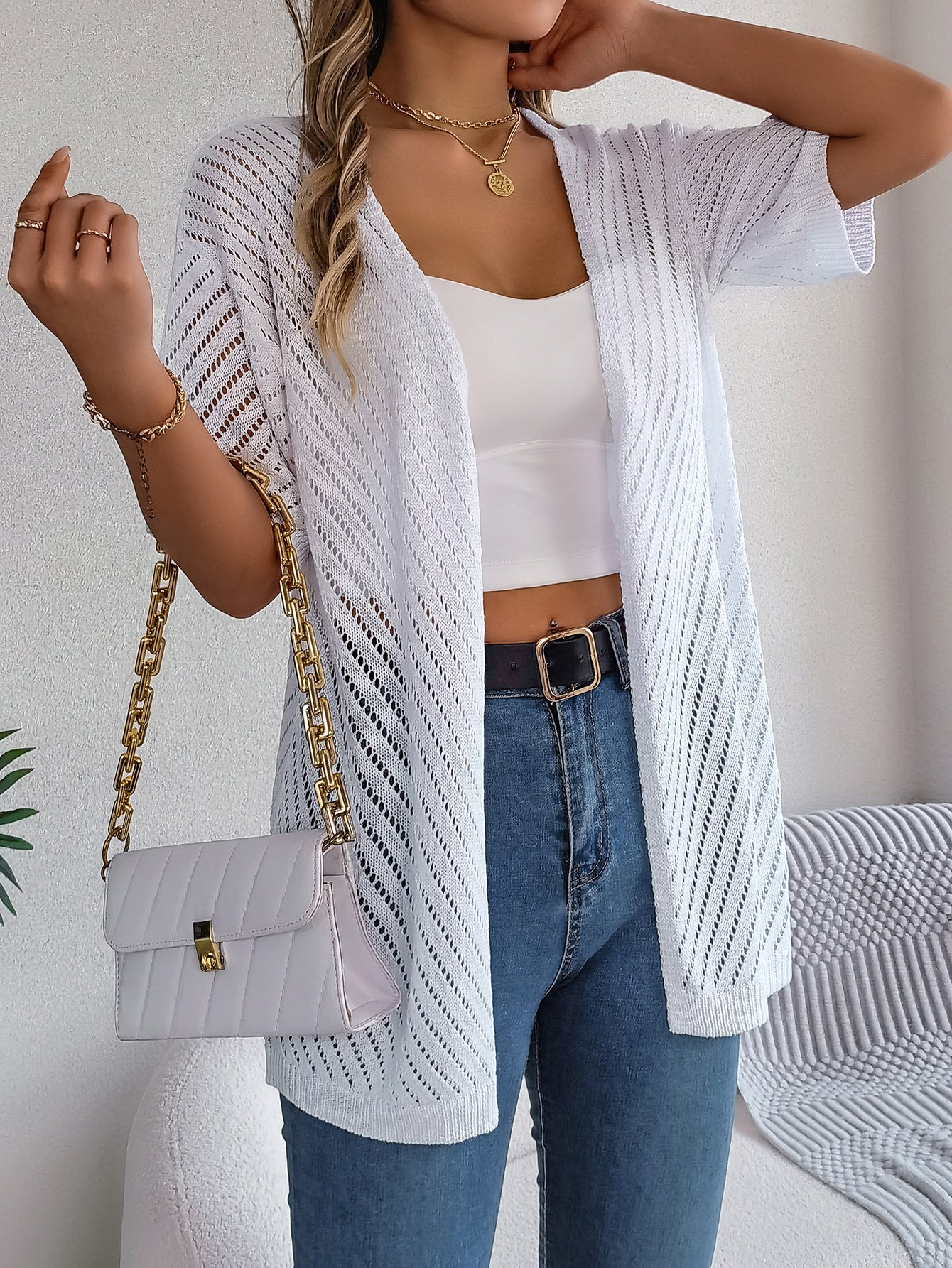 Long Open-Knit Cardigan with Vertical Stripes and Short Sleeves