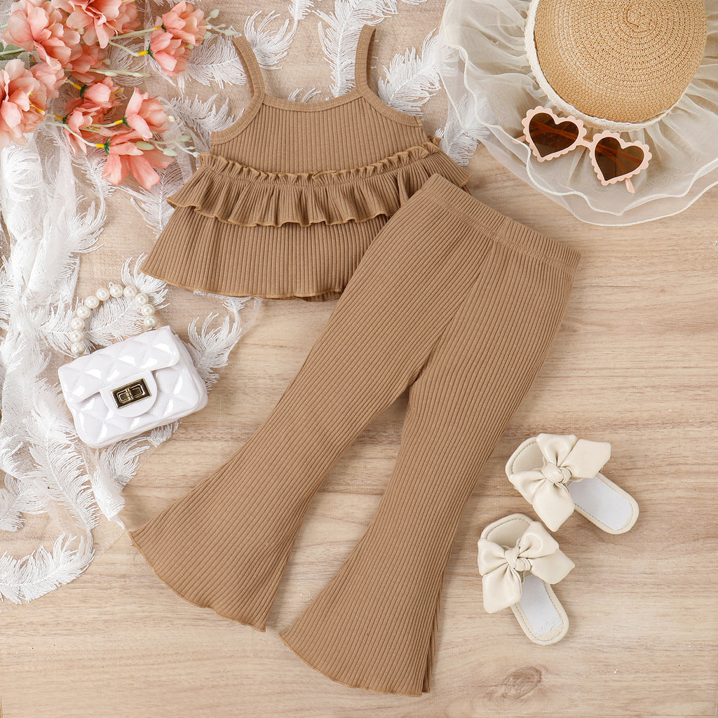 Girls 2-Piece Cotton Set Sleeveless Lace Collar Blouse & Pants