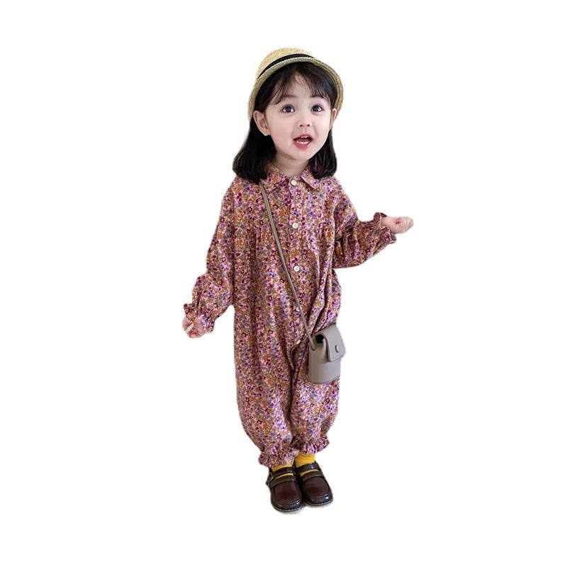 Combinaison longue pour fille en coton matelassé à imprimé floral, manches longues