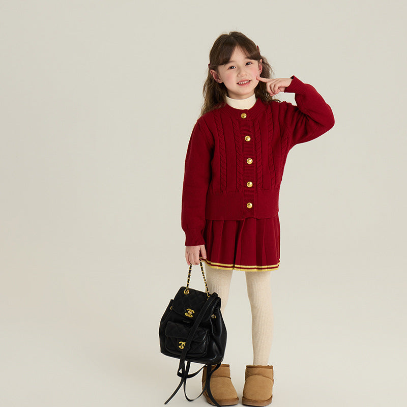 Girls’ Knit Cardigan & Pleated Skirt Set