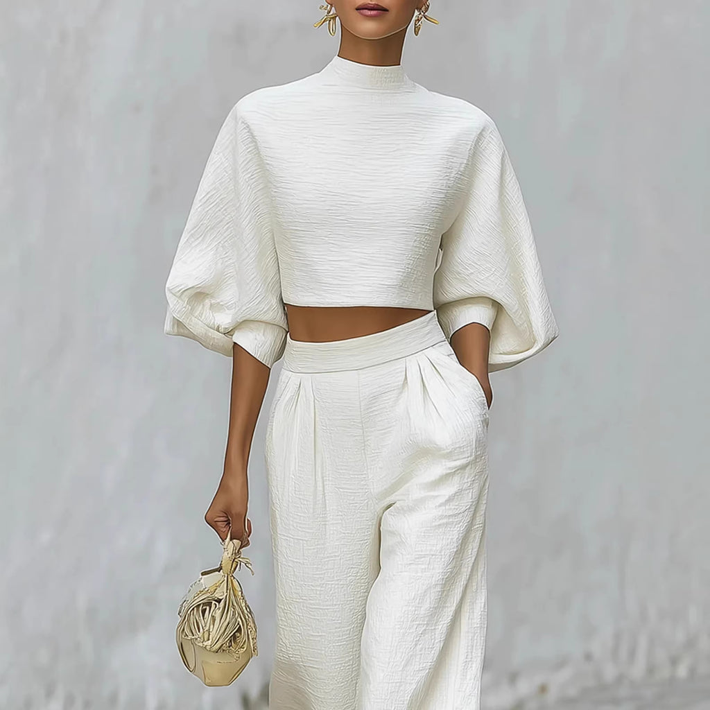 White Two-Piece Set: Crop Top and High-Waisted Pants