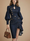 Indigo Denim Midi Dress with Puff Sleeves and Gold Accents
