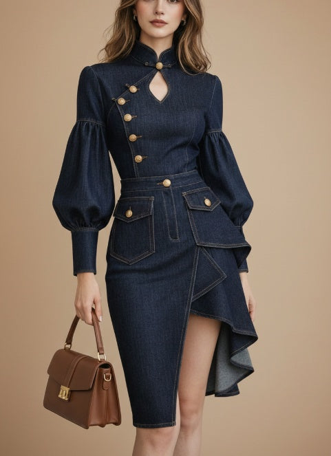 Vestido midi de mezclilla índigo con mangas abullonadas y detalles dorados