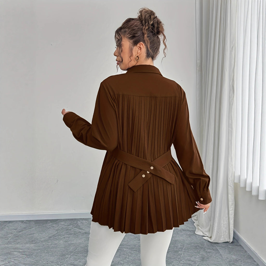 Elegant Waist-Pleated Solid-Color Shirt for Women