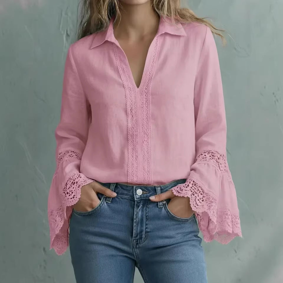 Elegant Cotton Blend Blouse with Lace Finishes