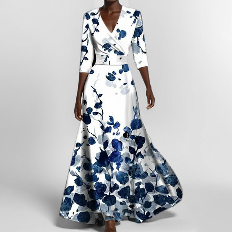 Printed V-Neck Dress with Mid-Length Sleeves