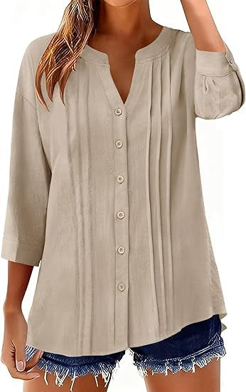 Pleated Cotton-Linen Loose Shirt for Women