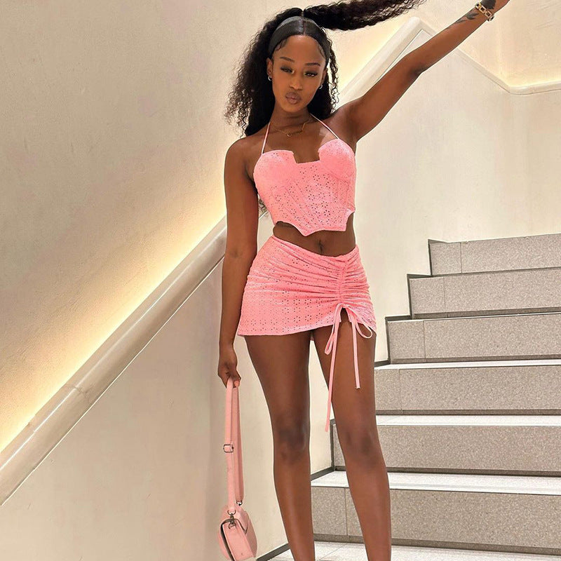 Pink Pleated Skirt Set with High Waist and Adjustable Tie