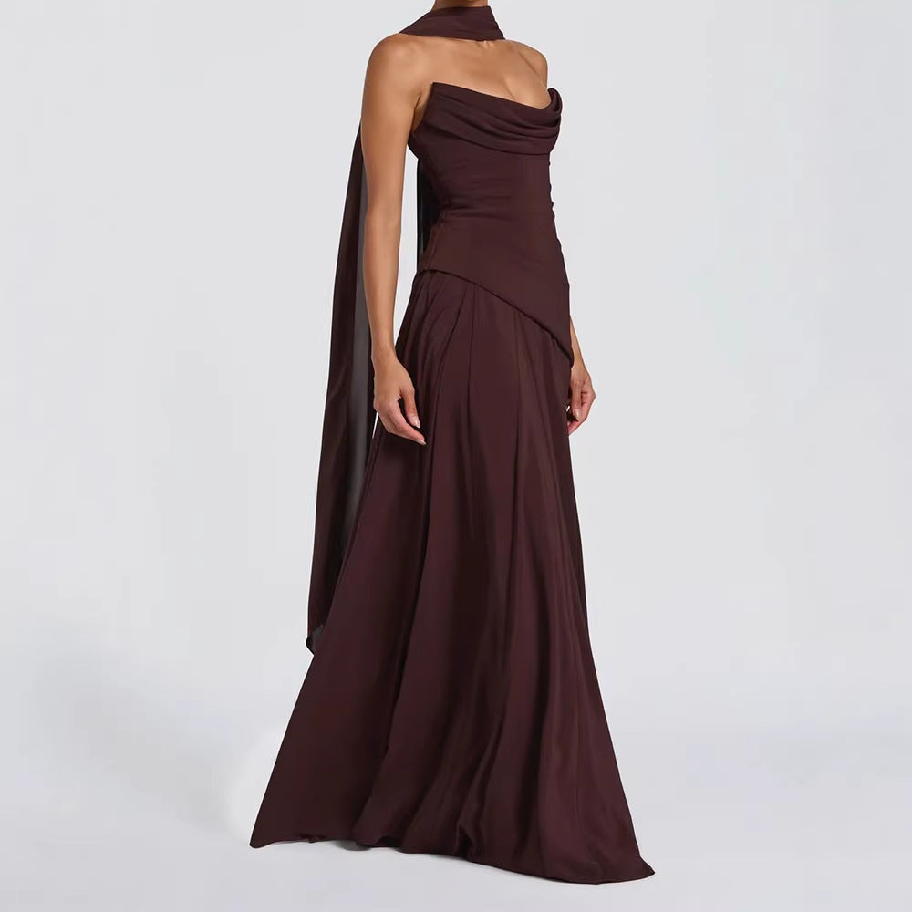 Long Ruched Sleeveless Dress with Open Back