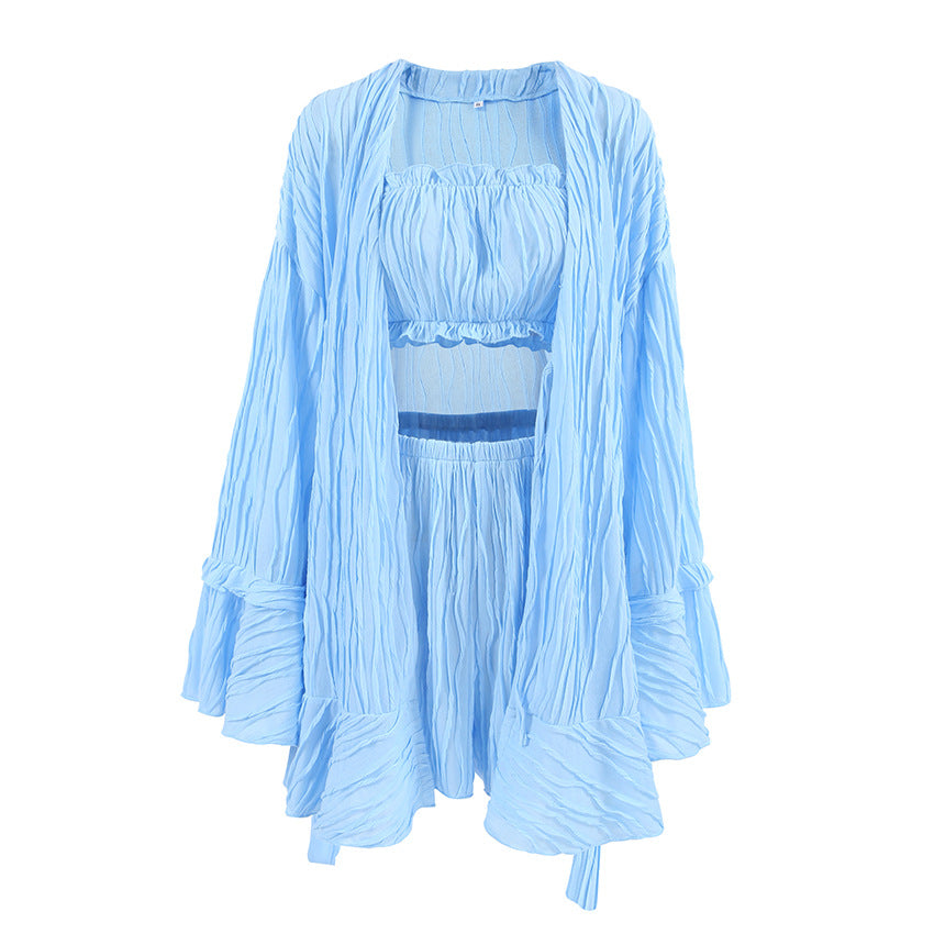 Conjunto de descanso de 3 piezas con top de manga larga y shorts
