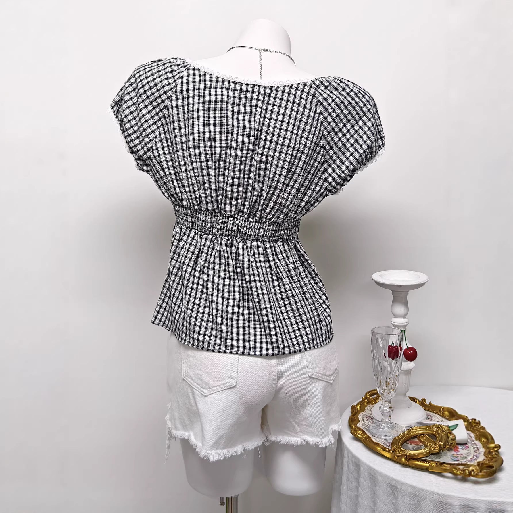 Checkered Short Sleeve Top with Button Details