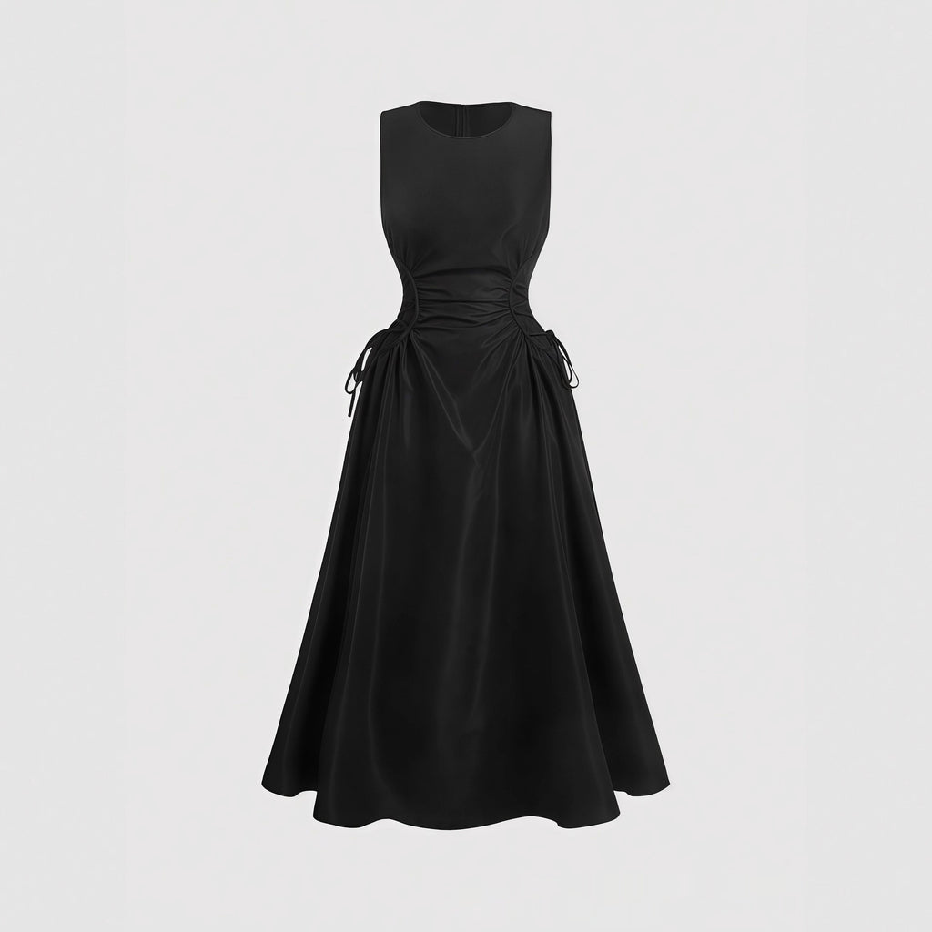Pleated Maxi Dress with Defined Waist and Flared Cut