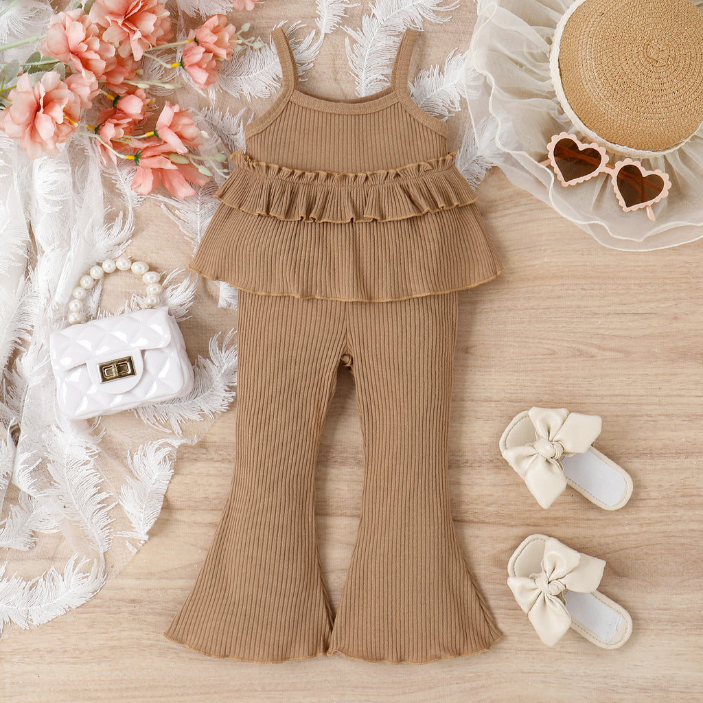 Girls 2-Piece Cotton Set Sleeveless Lace Collar Blouse & Pants