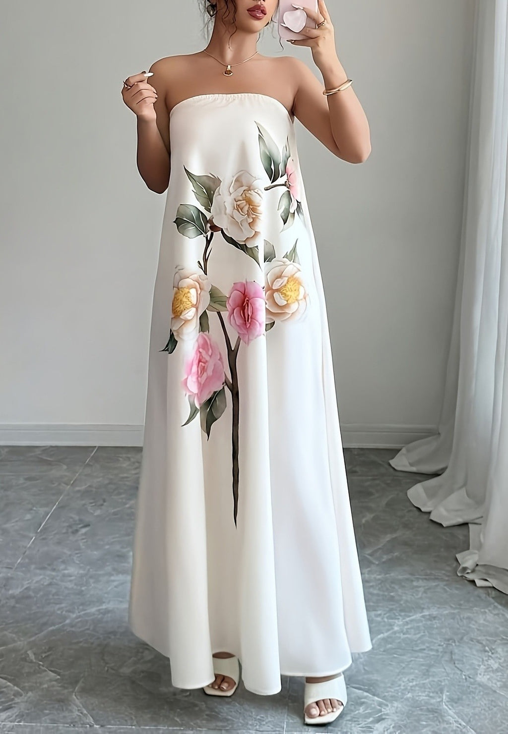 Long Floral Strapless Dress with Flowing Fit