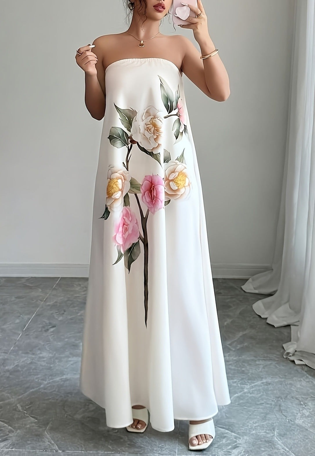 Long Floral Strapless Dress with Flowing Fit
